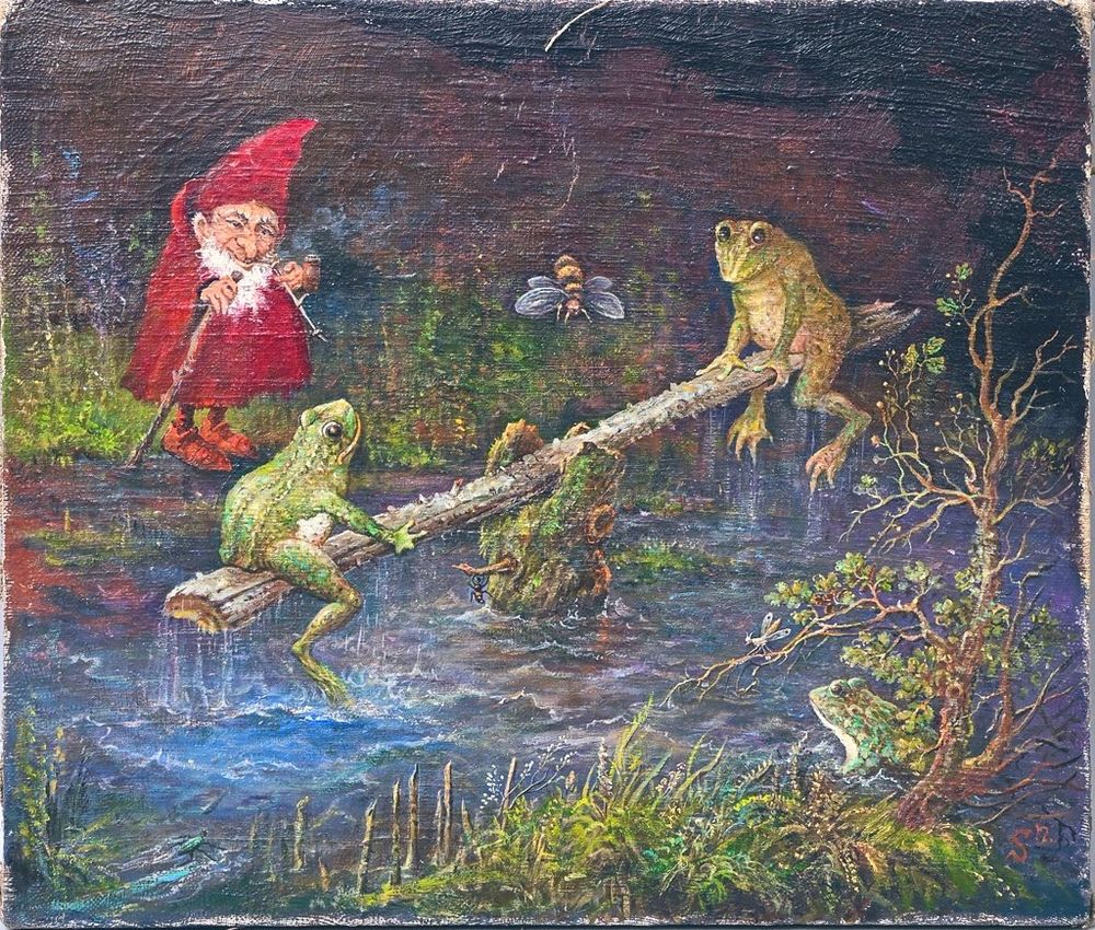 A painting titled Froschschaukel (Frog Swing) by the German artist and illustrator Heinrich Schlitt (1849–1923). 
It features a gnome and several frogs.  Two frogs are balanced on a wooden plank acting as a seesaw over water.
On the left, a gnome with a long white beard, wearing a red cap and coat, is smoking a pipe and observing the scene.
Another frog sits on the left side of the seesaw, its feet just touching the water.
A third frog sits on the right side, higher up.
A large bee or fly is flying in the center background.