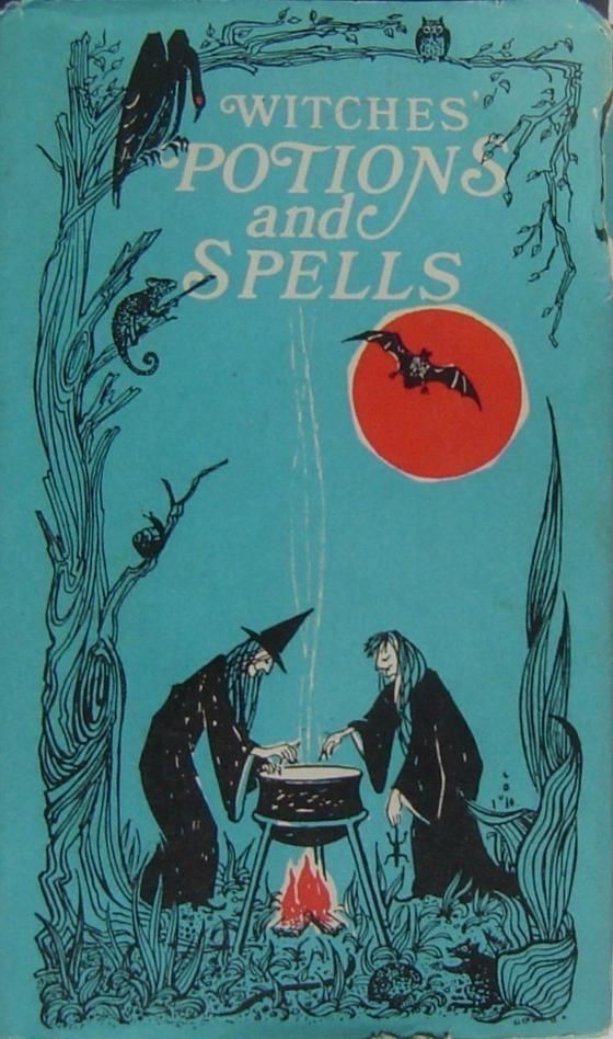 WITCHES POTIONS
and
SPELLS

 ~ cover of the book Witches' Potions and Spells by Kathryn Paulsen. The cover is illustrated in a vintage style, with a turquoise background and black and white line drawings.
The illustration depicts two witches in black robes and pointed hats, stirring a large black cauldron over a fire. The text "WITCHES POTIONS and SPELLS" is prominently displayed at the top. The scene includes stylized trees and a red sun or moon with a bat flying in front of it. Other creatures, such as a crow, an owl, and a chameleon, are also part of the design.
