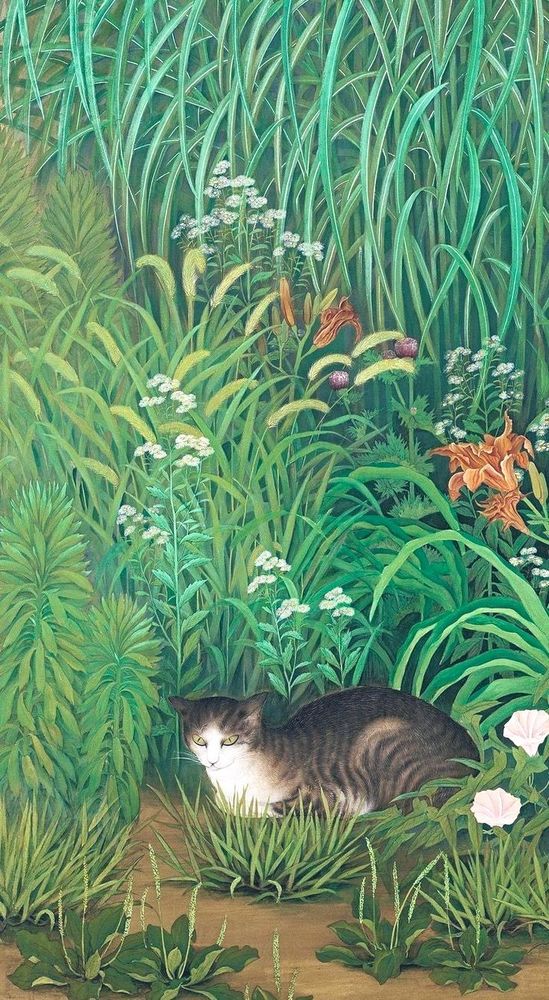Painting of a tabby and white cat nestled amongst lush green foliage and various flowering plants in a summer garden. The cat, with prominent white markings on its chest and face and dark tabby stripes on its back, is positioned in the lower center of the frame, looking towards the viewer with light-colored eyes. The surrounding environment is rich with tall grasses, broad-leafed plants, and several types of flowers.