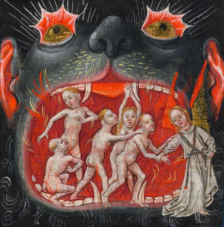 🖼️ Miniature from 'Hours of Catherine of Cleves'
c.1440, illustrated manuscript by Master of Catherine of Cleves (active c.1435–1460).
A medieval depiction of a "Hellmouth". The image shows a large, monstrous black head with a wide-open mouth, representing the gateway to the underworld. 
Inside the fiery mouth, several naked figures, representing the damned souls, are being consumed or tormented. 
An angel is depicted on the right, seemingly guiding people. 
