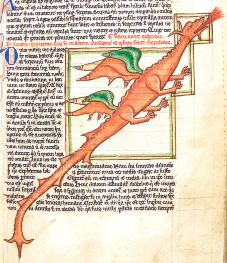 Marginalia - fire breathing red dragon with red and green wings.