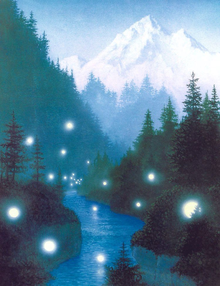 Globes of light journeying over a river surrounded by pine trees with snow capped mountains in the distance. Painting.