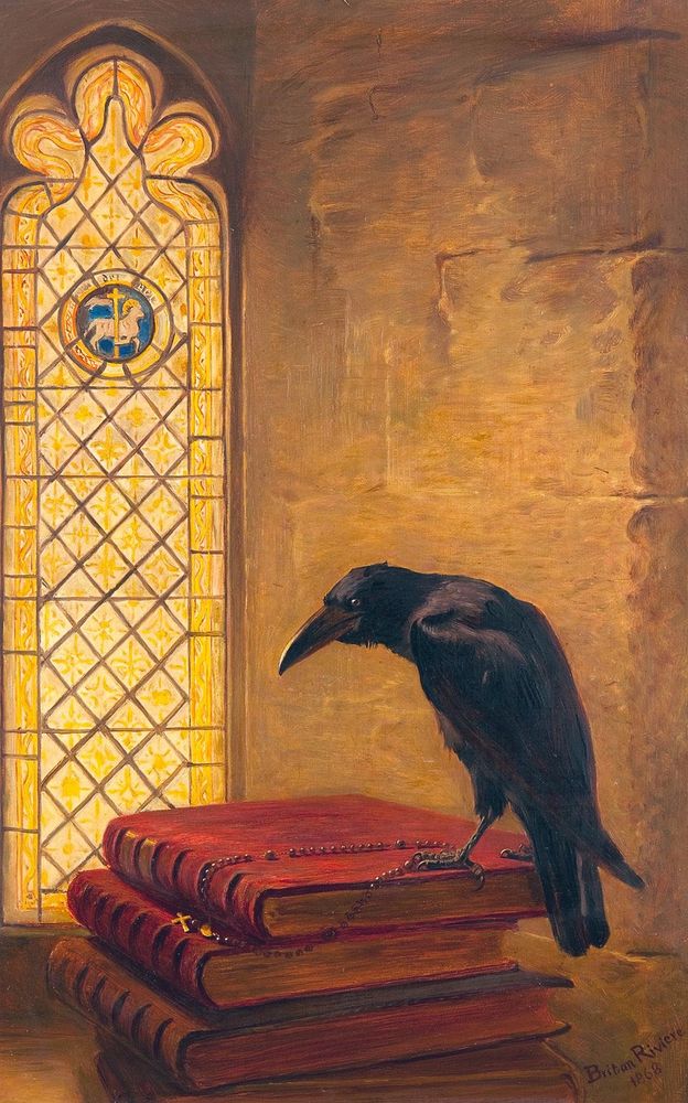 Painting inspired by a poem by Tennyson which tells the story of a jackdaw that steals a cardinal's ring. It shows a jackdaw perched on top of a stack of red books. The scene is set within a church or monastery, it has stone walls and the ornate stained-glass window.
