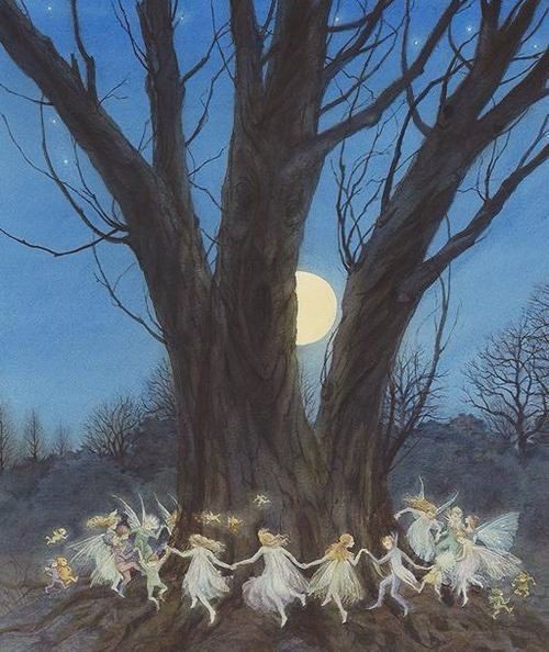 Full moon between branches and tree trunk, fairies dancing around the tree, painting. 