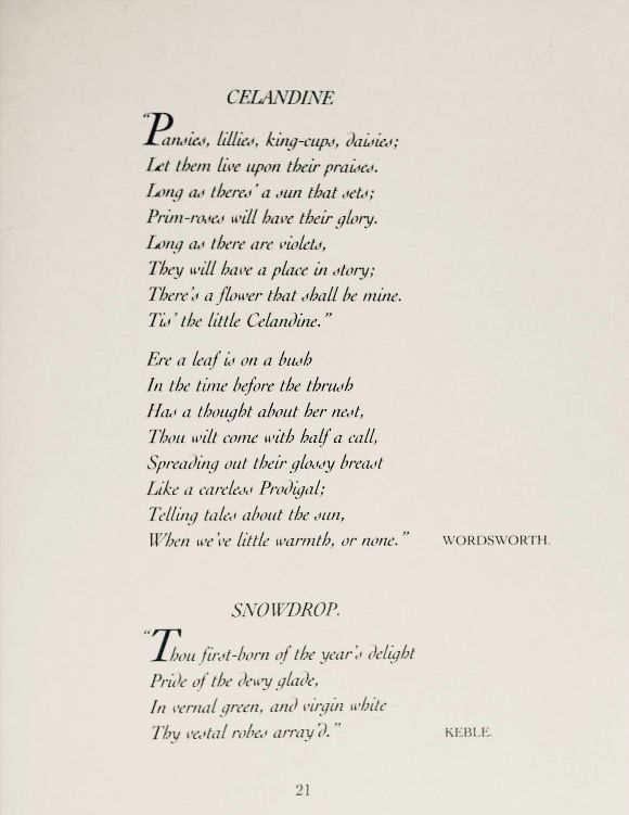 CELANDINE
Pansics, lillies, king-cups, aii;
Let them live upon their praises.
Long as theres a sun that sets;
Prim-roses will have their glory.
Long as there are violets, They will have a place in story;
There a a flower that shall be mine.
Tis the little Celandine."
Ere a leaf is on a bush In the time before the thrush Has a thought about her nest, Thou wilt come with half a call, Spreading out their glosy breast Like a careless Prodigal;
Telling tales about the sun, When we've little warmth, or none."
WORDSWORTH.
SNOWDROP.
"Thou first-born of the year's delight
Pride of the dewy glade, In vernal green, and virgin white Thy vestal robes array?."
21|
KEBLE.