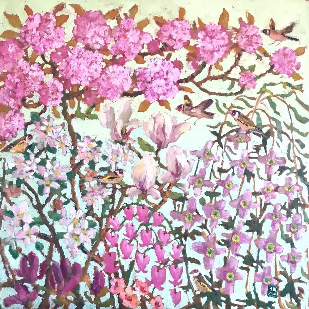 Hearts and flowers painting, 
The painting features a scene of various pink and purple flowers, including what appear to be magnolias and bleeding hearts, alongside several birds; goldfinches.