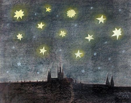 Painting of night scene with silhouetted landscape and a stylized starry sky. The sky is a dark, textured blue-grey, filled with numerous bright, yellowish-white stars; they look like cut-out shapes with radiating points, some resembling flowers or bursts in a kind of folk-art style. The lower portion of the image shows a silhouette of a cityscape and prominently, what looks like the silhouette of a cathedral with several spires.