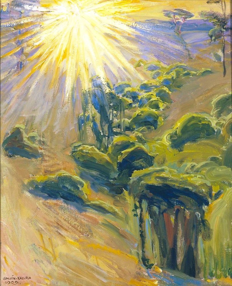 Sun shining brightly over landscape, painting.