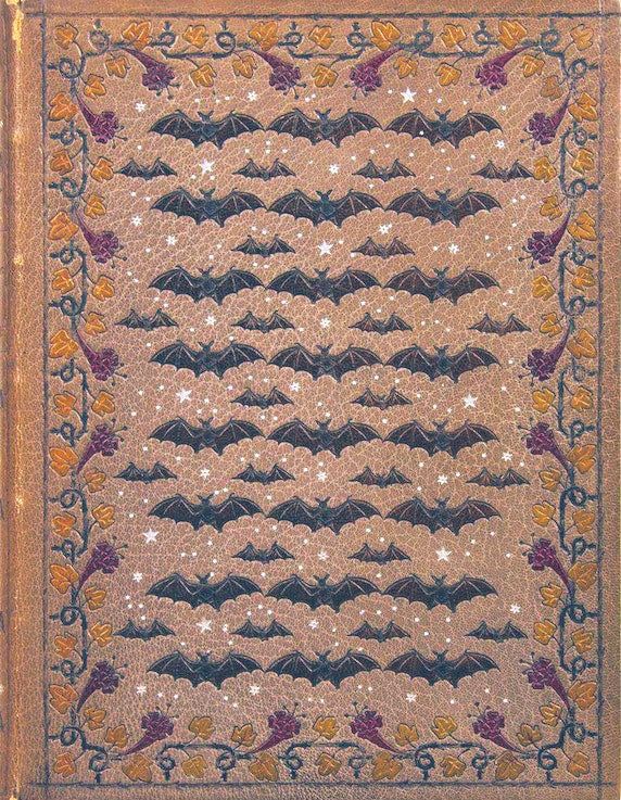 Les chauves-souris, clairs-obscurs, Robert Montesquiou-Fézensac, 1892. 
The cover features a repeating pattern of dark bats and small stars on a light, textured background. This central design is framed by a decorative border of intertwining vines with leaves and purple flowers.

