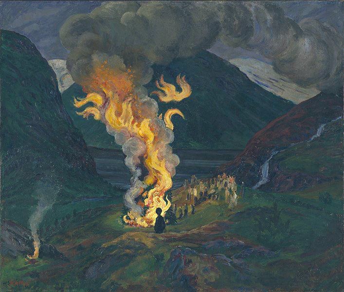 Painting by Nikolai Astrup ~ Bonfire celebrating Midsummer Night.
The painting depicts the traditional bonfire for Saint John's Eve, also known as Midsummer Night, in a valley in Jølster, Norway, the artist's hometown.