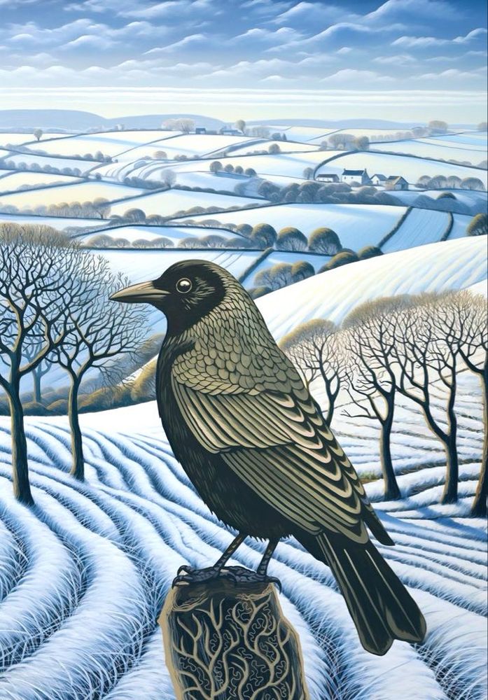 Crow on post against snowscape of fields and line of wintered trees, painting. 