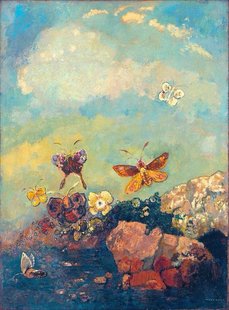Butterflies over landscape, blue and clouded sky, painting.