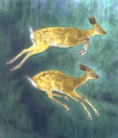 Two leaping deer. Painting.
