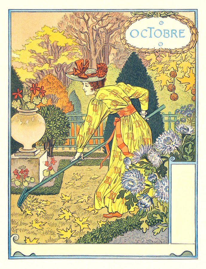 Autumn garden with woman in yellow dress raking leaves for October in calendar.