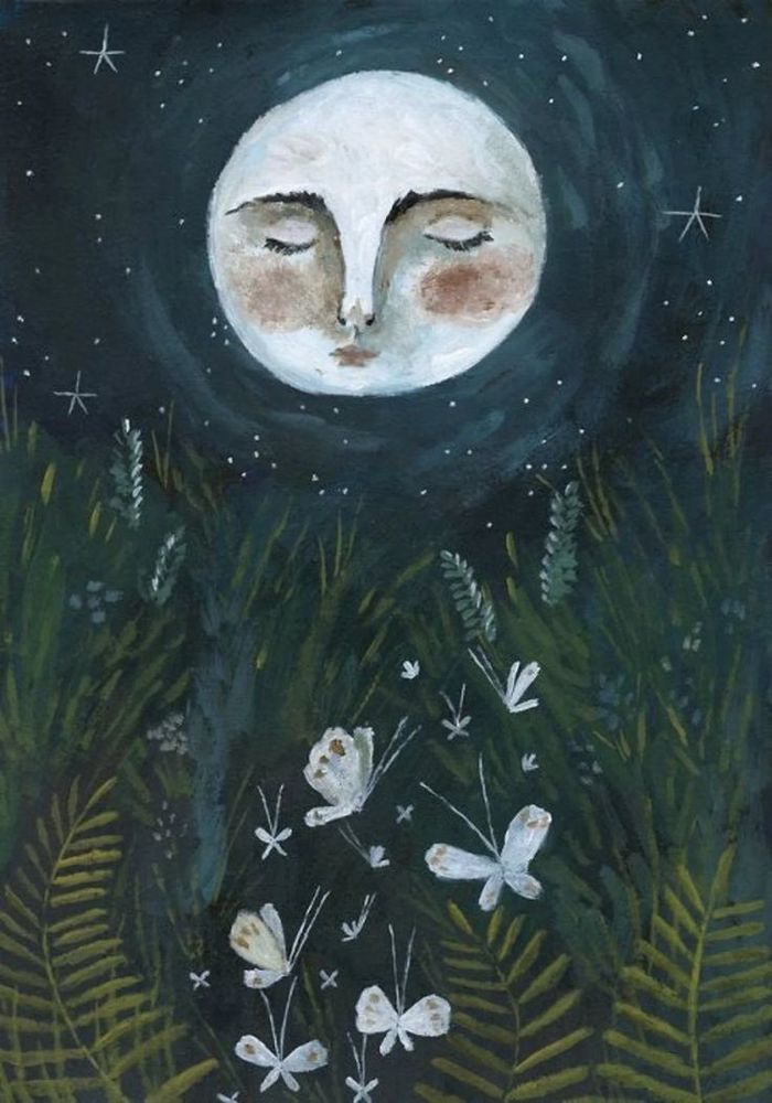 A painting titled Moon Meadow by artist Josie Wren; a large, personified moon with a sleeping face hovering above a dense meadow of foliage. The full moon is set in the night sky dotted with small stars. The moon has closed eyes and rosy cheeks. The lower two-thirds of the image are filled with tall, dark green and yellowish-green grass and ferns. Several small, white, moth-like butterflies or flowers are scattered throughout the lower part of the meadow.