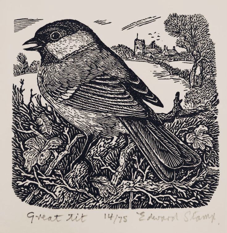 Woodcut of bird perched atop bramble. 