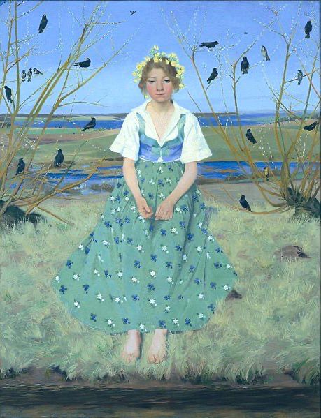 Girl sat on bankside surrounded by little black birds sat in branches. The girl is dressed in a green dress decorated in white and blue, she also has yellow flowers in her hair. Painting.