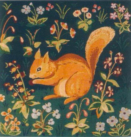 Red squirrel, eating a nut amongst flowers on a green background, detail from medieval tapestry.