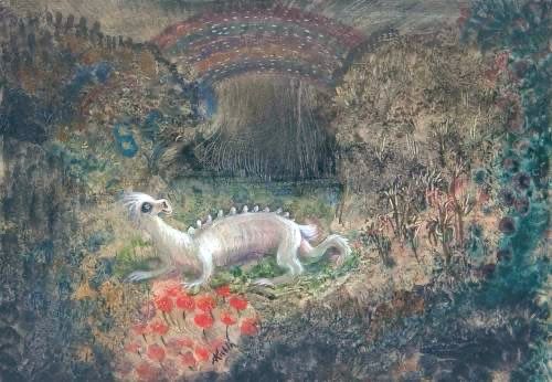 White mythical creature in landscape with rainbow. Painting.