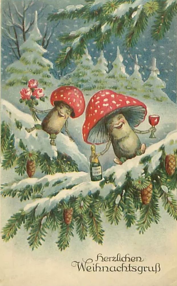 Vintage Christmas postcard featuring two cheery, dancing fly agaric mushrooms in a snowy forest scene, with one holding a bouquet of roses and the other a glass of wine, next to a bottle of champagne. The text at the bottom reads "Herzlichen Weihnachtsgruß" in German ~ Warm Christmas Greetings.