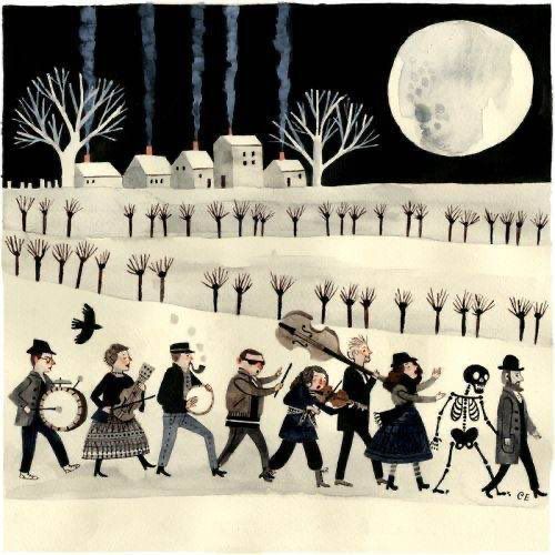 Illustration of a group of people and a skeleton in a snowy landscape, playing musical instruments and walking together under a full moon, trees and houses in distance, smoke rising from chimneys. 
