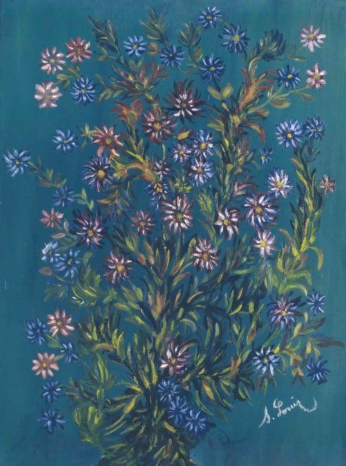 Painting of wild blossoms and foliage in pinks, blues against a solid, deep teal or blue-green background. 