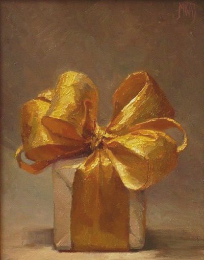 Painting of cream wrapped gift bound in giant gold ribbon and bow, against beige cream background.