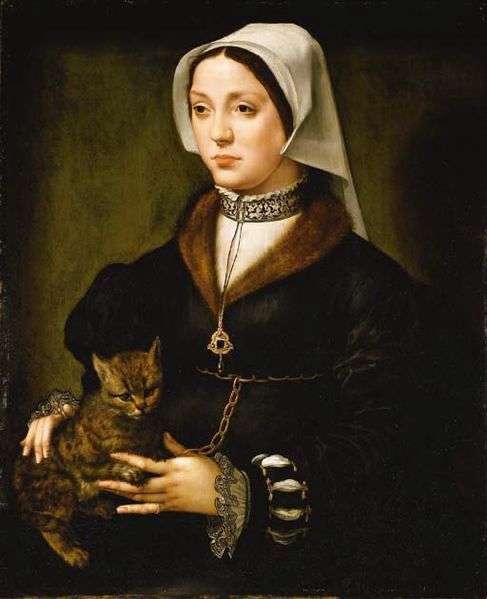 Portrait of an unknown lady ~ The subject is depicted in a three-quarter pose, wearing a dark costume and a white headdress. Her clothing is characteristic of early 16th-century fashion and reflects contemporary Flemish style. She is holding a striped tabby cat on her lap.