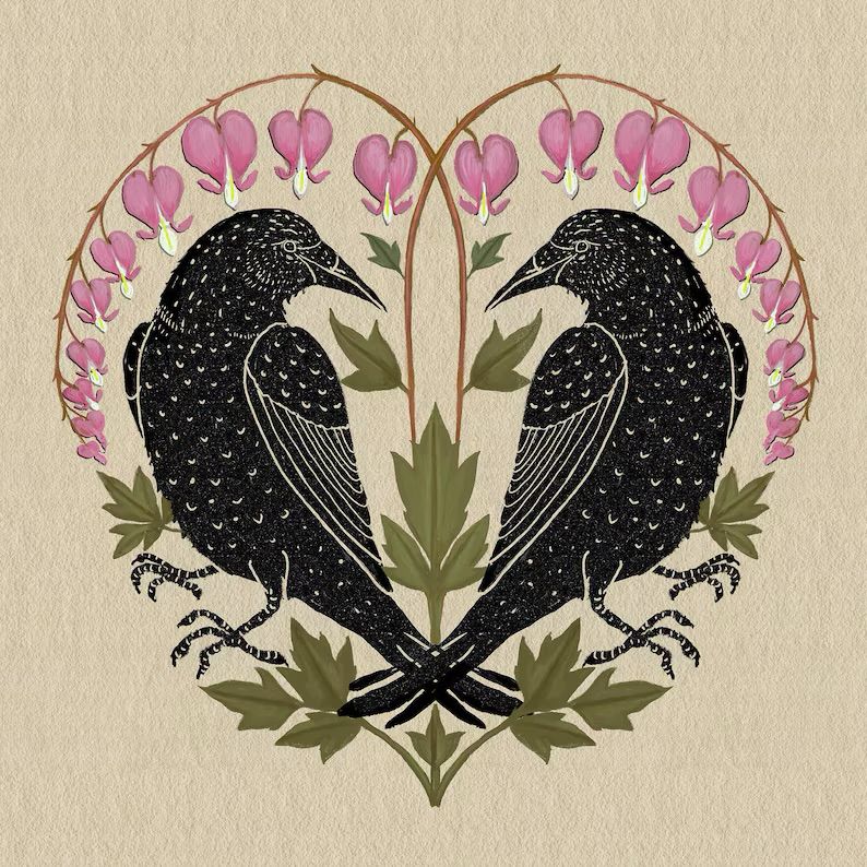 Two crows painted to make a heart shape within a heart of pink flowers and foliage. 