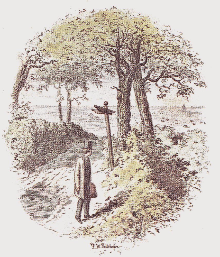An illustration of Pip leaving his village in Great Expectations. Pip is dressed in a top hat and a long coat, is walking along a dirt path away from the viewer, carrying a small bag. The path is bordered by lush vegetation and large trees. A signpost stands prominently next to the path. In the distance, a body of water and possibly a small settlement or town are visible on the horizon.
