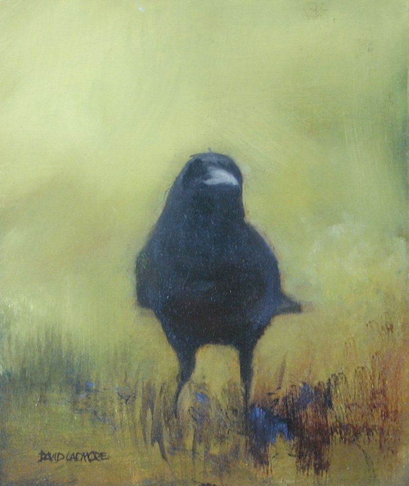 Crow stood in grass, green background. Painting.