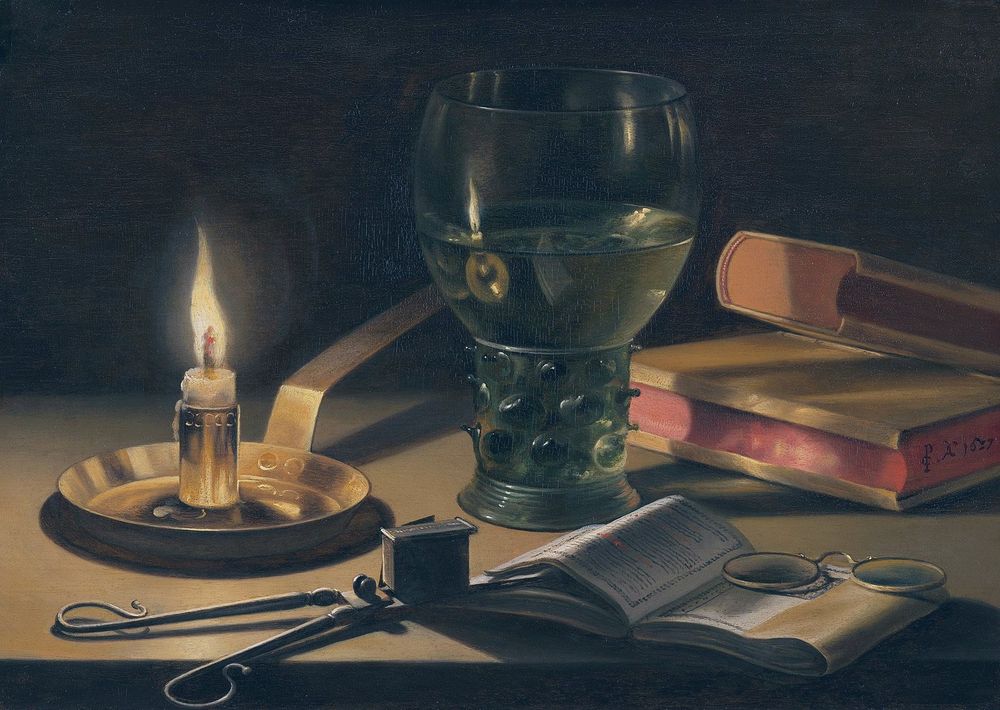 Still Life with Lighted Candle (also known as Quiet life with a burning candle) by the Dutch Baroque artist Pieter Claesz, dated 1627. 
The precisely arranged still life depicts a quiet, dimly lit scene on a wooden table, focusing on scholarly pursuits or reflection. 
A large, green glass filled with liquid sits prominently in the center-right. Pieter Claesz was known for his convincing depiction of different materials, including the wine in the drinking glass and the reflection of candlelight.
An open book with a pair of spectacles resting on top is in the foreground, next to the glass.
Another closed book is stacked behind the open one.
On the left, a lit candle in a brass candlestick provides the main light source.
An ornate pair of wick trimmers (scissors) and a small box (likely a snuffer or tinderbox) are positioned in the foreground.