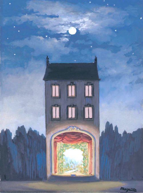 A house with a stage-like opening in the front, revealing a landscape beyond in daylight. The surrounding scene is night with stars and full moon, a forest beneath. Painting.
