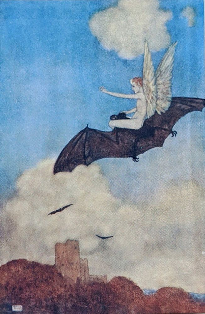 Fairy riding a bat across a clouded sky with castle, trees, other bats in flight in distance. Illustration.