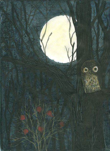 Owl on branch amongst wintered trees and under full moon, red flowers in foreground. Painting. 