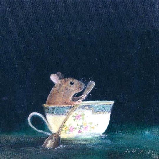 Mouse sailing in tea cup using teaspoon as an oar. Painting.