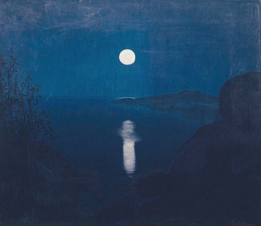 Full moon and moonlight reflected on water, painting. 