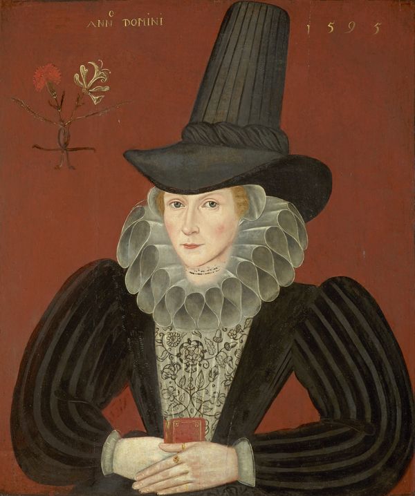 Inglis is wearing a large, black, high-crowned hat, known as a capotain or sugarloaf hat. She wears a large, elaborate white ruff around her neck and a black gown with puffed sleeves. Her hands are clasped at her waist, holding a small red book. She wears several rings on her left hand, and a necklace of tiny beads. The background is a reddish-brown, oil painting.