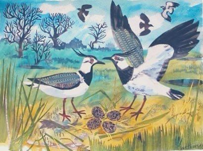 Lapwings in flight in clouded sky, trees in background, two lapwings on their nest with four eggs in foreground, painting.