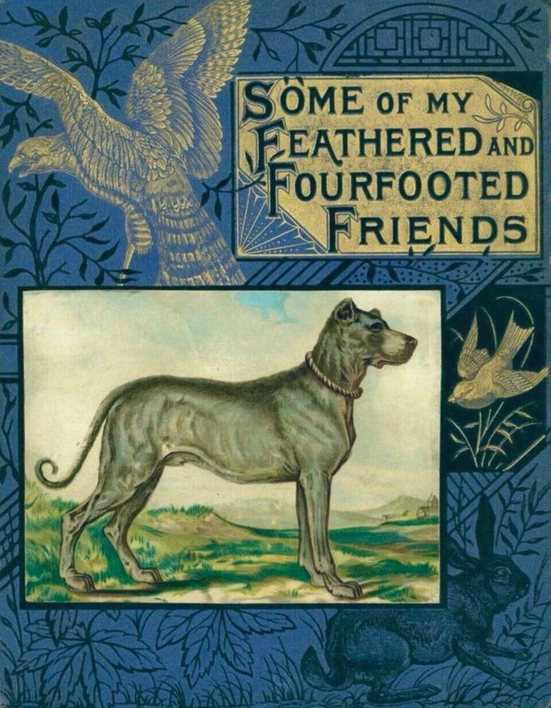 Blue cover, 
SOME OF MY FEATHERED AND FOURFOOTED FRIENDS
Gold decoration of birds, dark design of hare and foliage, central decoration of dog in panel.