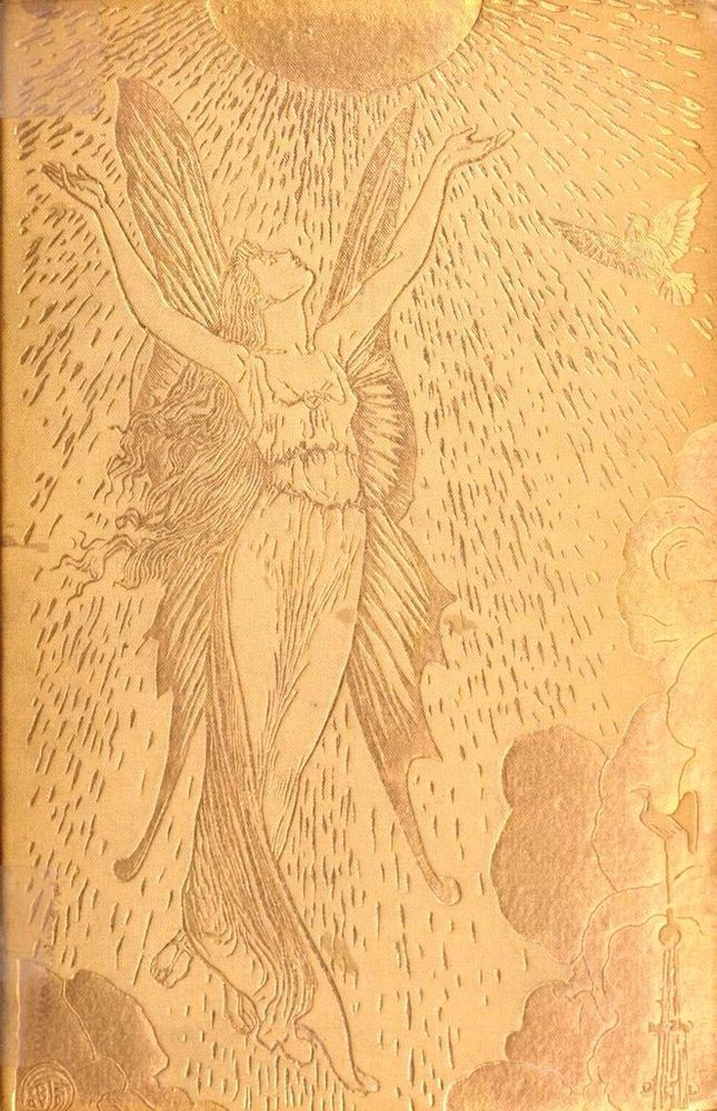 An embossed golden cover of Andrew Lang's The Yellow Fairy Book. The central figure is a winged fairy-like woman, with long flowing hair, standing with her arms raised towards a radiant sun at the top of the image. Beams of light emanate from the sun, casting a shimmering texture across the entire cover. In the upper right corner, a bird is visible in flight, seemingly approaching or leaving the sun's rays. The lower right portion of the cover features stylized cloud formations.