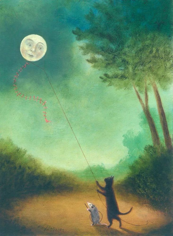 Cat holding full moon with face on string as a kite, watched by mouse, landscape surrounds scene, painting. 
