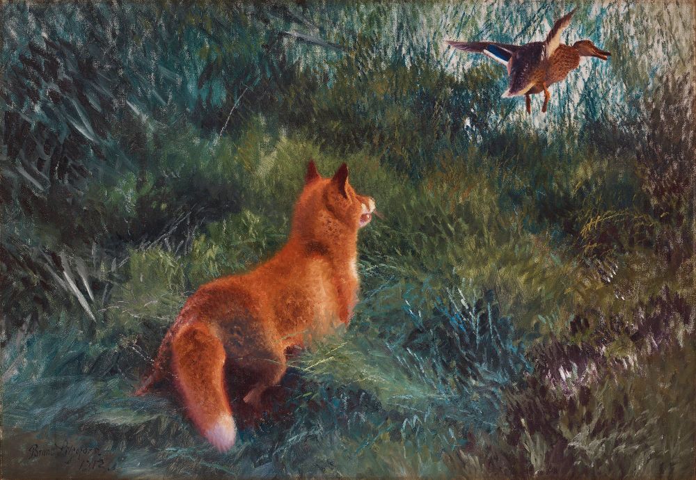 Fox chasing mallard in field by water, painting.