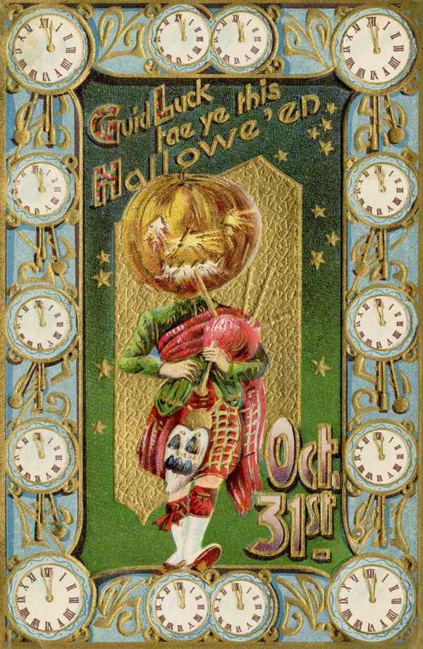 ‘Good Luck tae ye this Hallowe’en’ ‘Oct 31’ 
Vintage Halloween card, border of clocks just before midnight, central figure is pumpkin headed bagpipes player.