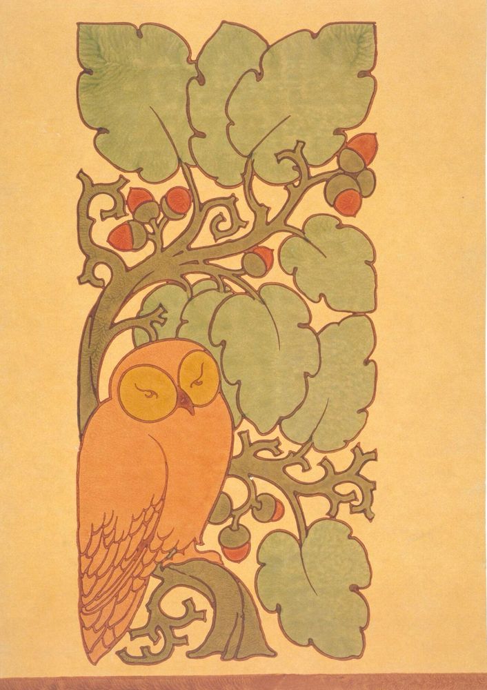 Owl design perched in oak with acorns.
