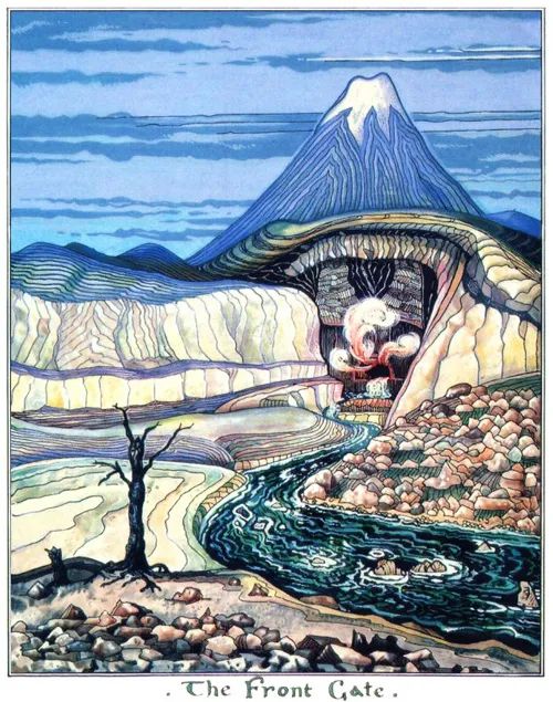 A watercolor painting by J.R.R. Tolkien titled "The Front Gate". It depicts a fantasy landscape featuring a large, snow-capped mountain with a cavernous entrance at its base. A river flows out from the mountain's gate, winding through a desolate, rocky landscape. The foreground includes a gnarled, dead tree, while the background shows a cloudy blue sky.