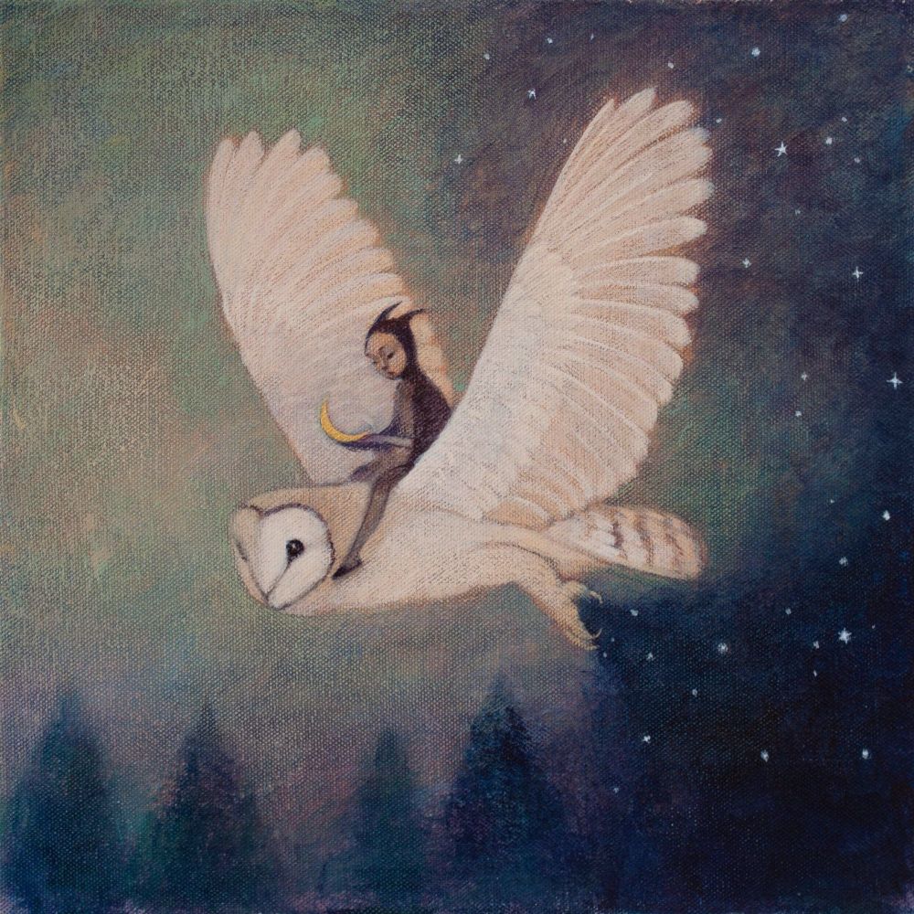 Fairy elven-like little person holding a small crescent moon rising on the back of a barn owl in a starry night sky with a billow of cloud over pine trees, painting.