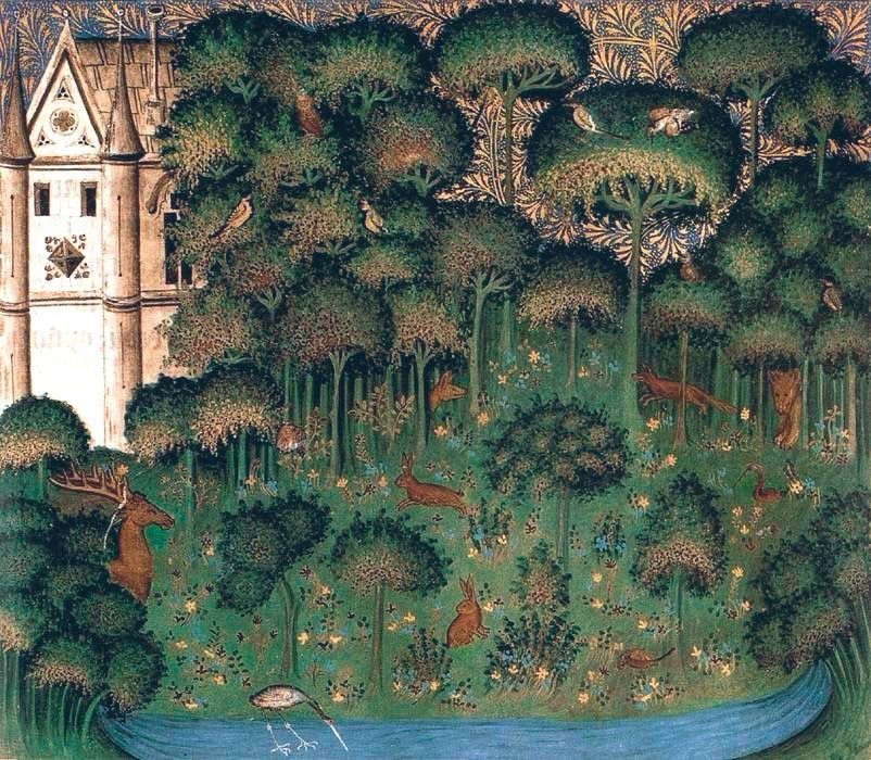 Garden and trees filled with animals and birds, a river runs along the base of the painting, in the left upper part of the image is a castle type building.