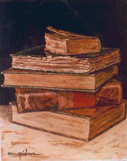 Painting of books in a pile. 