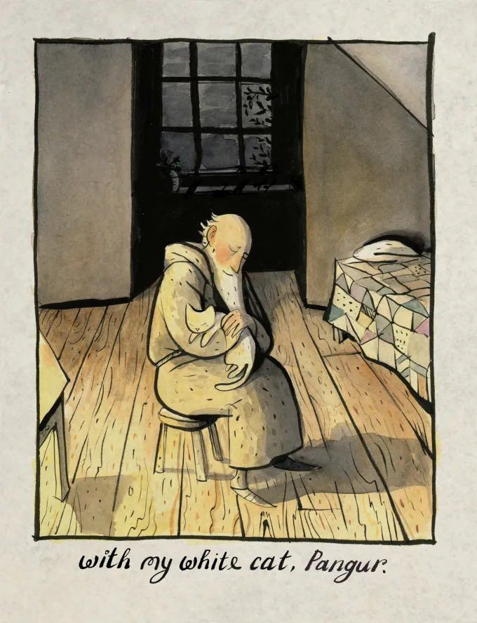 An illustration from the children's book The White Cat and the Monk, a retelling of a 9th-century Irish poem "Pangur Bán". The illustration, created by Sydney Smith, depicts a monk sitting in his simple room, holding his white cat, Pangur, on his lap.
‘With my white cat, Pangur’
